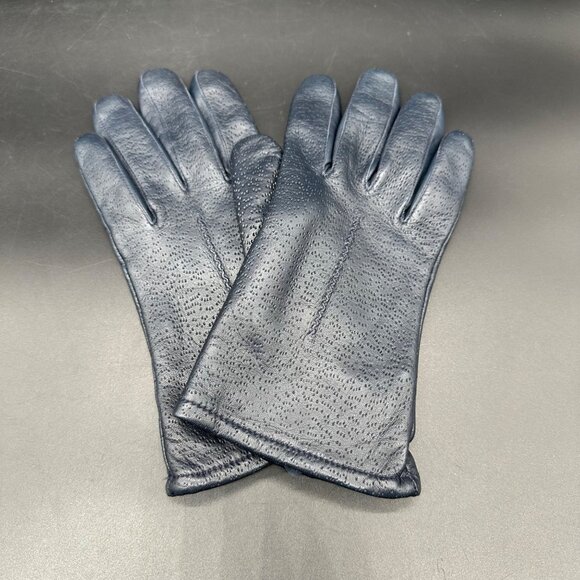 Vintage Blue Leather Gloves Women Lined Black Winter Retro Soft 8.5 / 9 - Picture 1 of 6